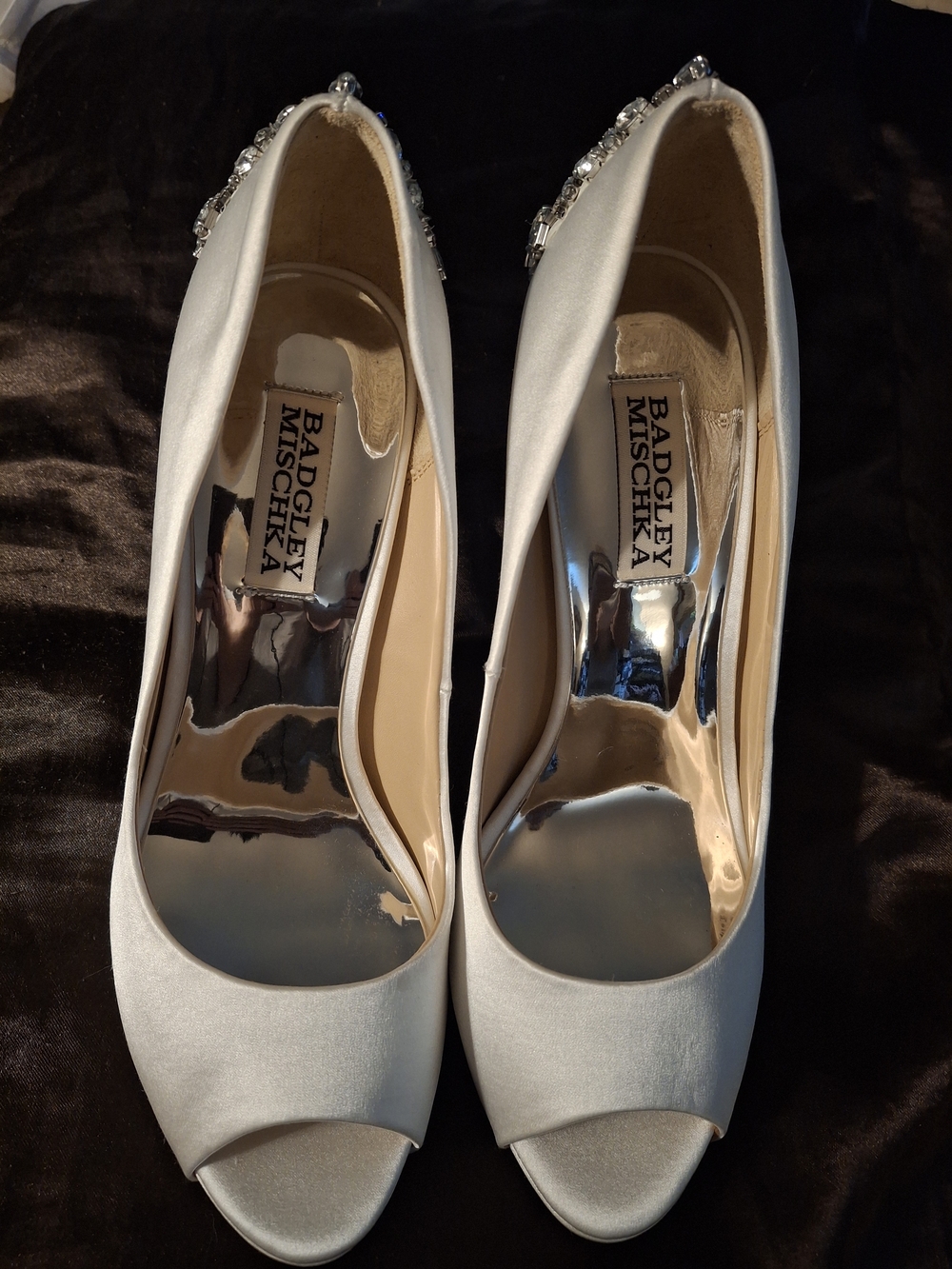 Badgley Mischka Ivory Satin Peep-Toe Pumps with Crystal Accent